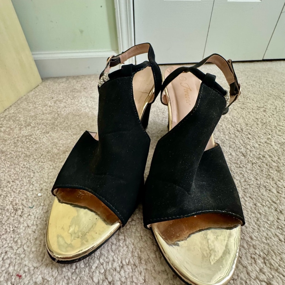 Black and Gold Wedge Sandals with Ankle Strap